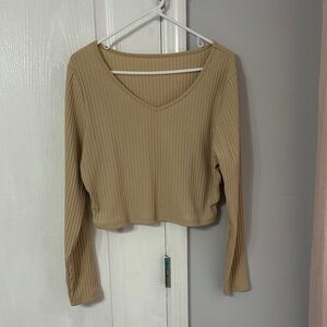 SHEIN Ribbed V-Neck Beige Long Sleeve Top